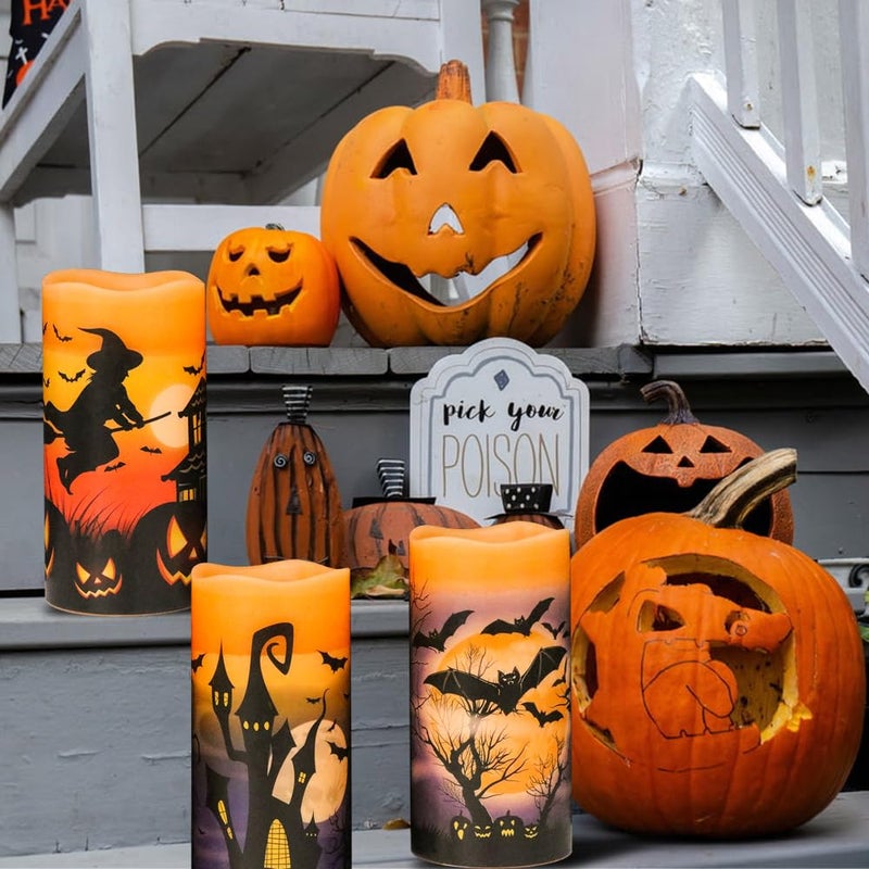 DRomance Halloween LED Flameless Pillar Candles Battery Operated with 6 Hour Timer Set of 3 Orange Wax Warm Light Flickering Witch Bats Castle Spooky Decals Halloween Decor Gifts(3 x 6 Inch) - Image 2